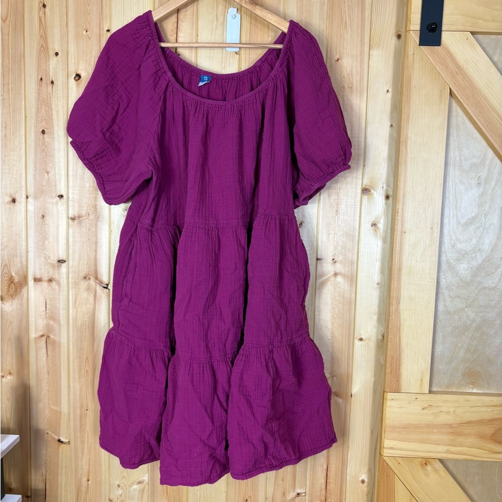 Old Navy 100% Cotton Gauzy Crinkle Tiered Puff Sleeve Dress Boysenberry XXL